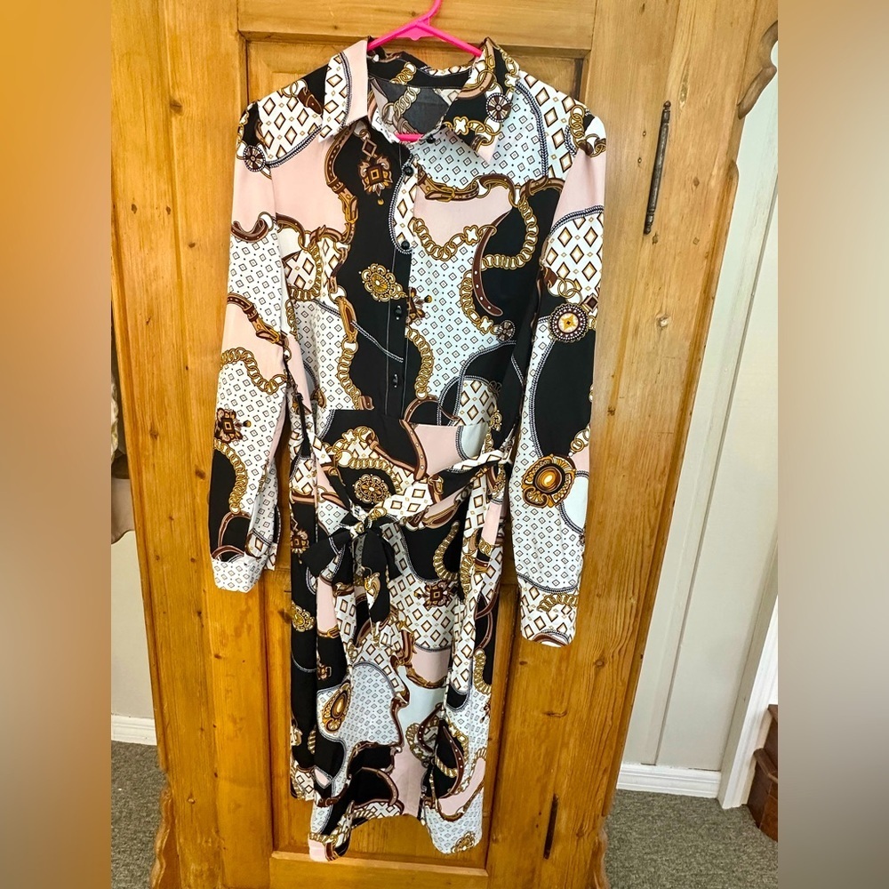 Shein Equestrian Designer-Look Barbiecore Patterned Dress Long Sleeve Size Large